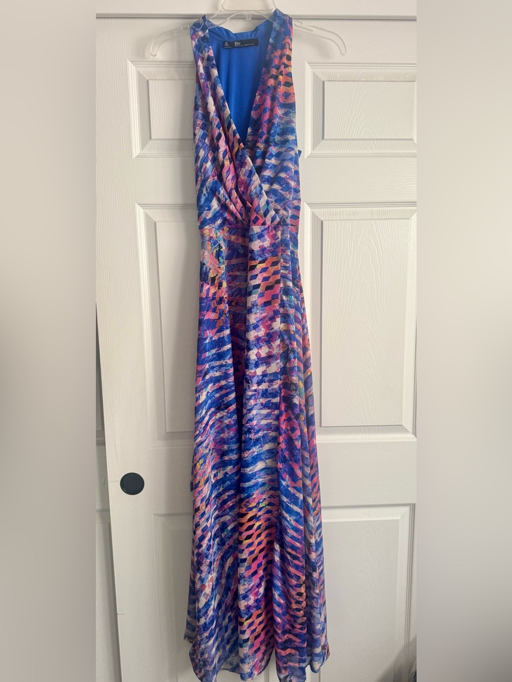 Chetta B Blue and Pink Printed Surplice Maxi Dress